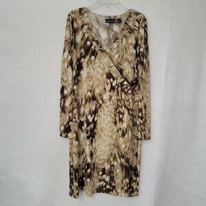 Pamela Dennis‎ Dress Womens M Brown Tan V-Neck Long Sleeve Stretch A-Line